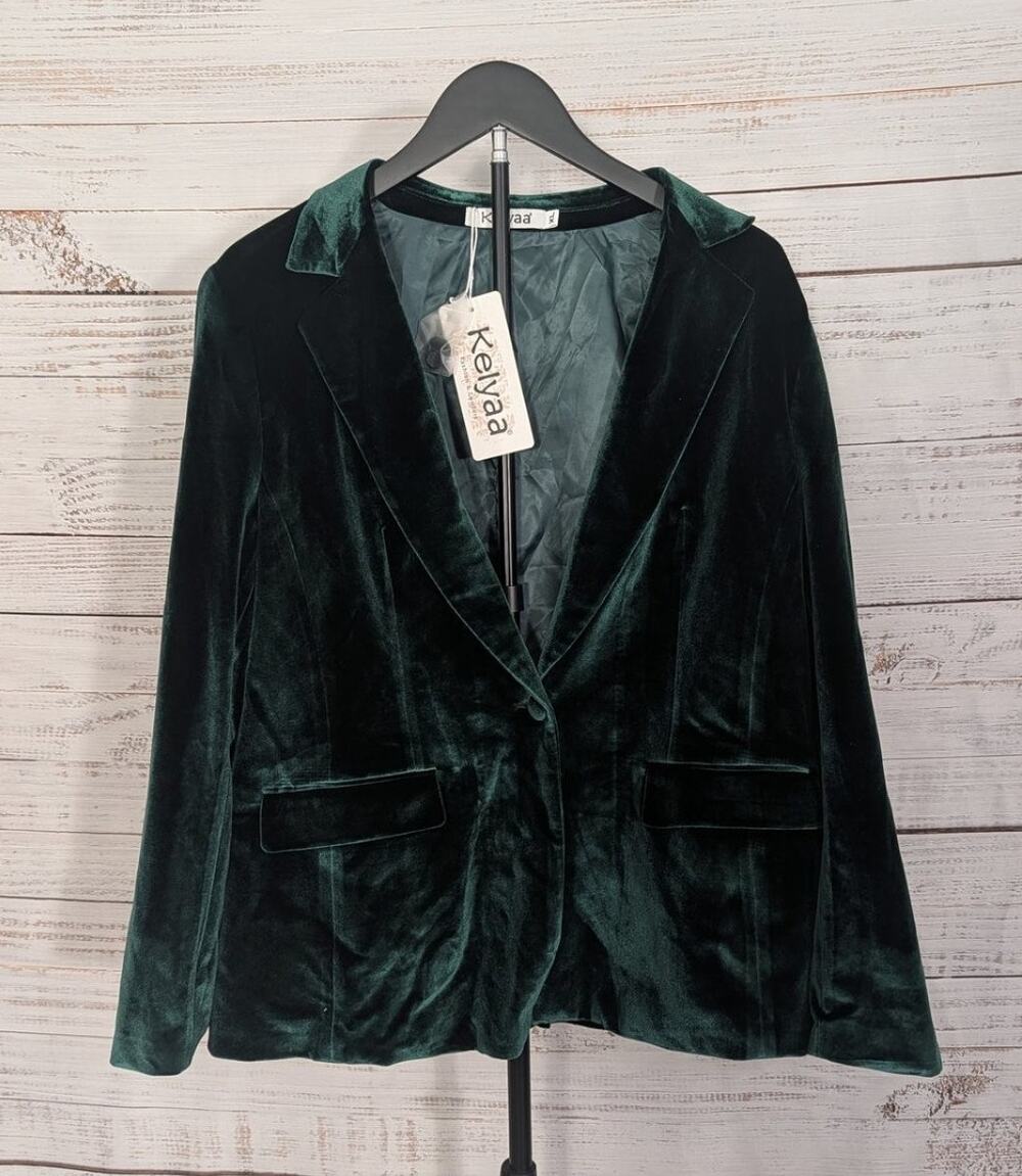 NWT Kelyaa Velvet Blazer Womens XL Emerald Forest Green 1-Button Holiday Jacket